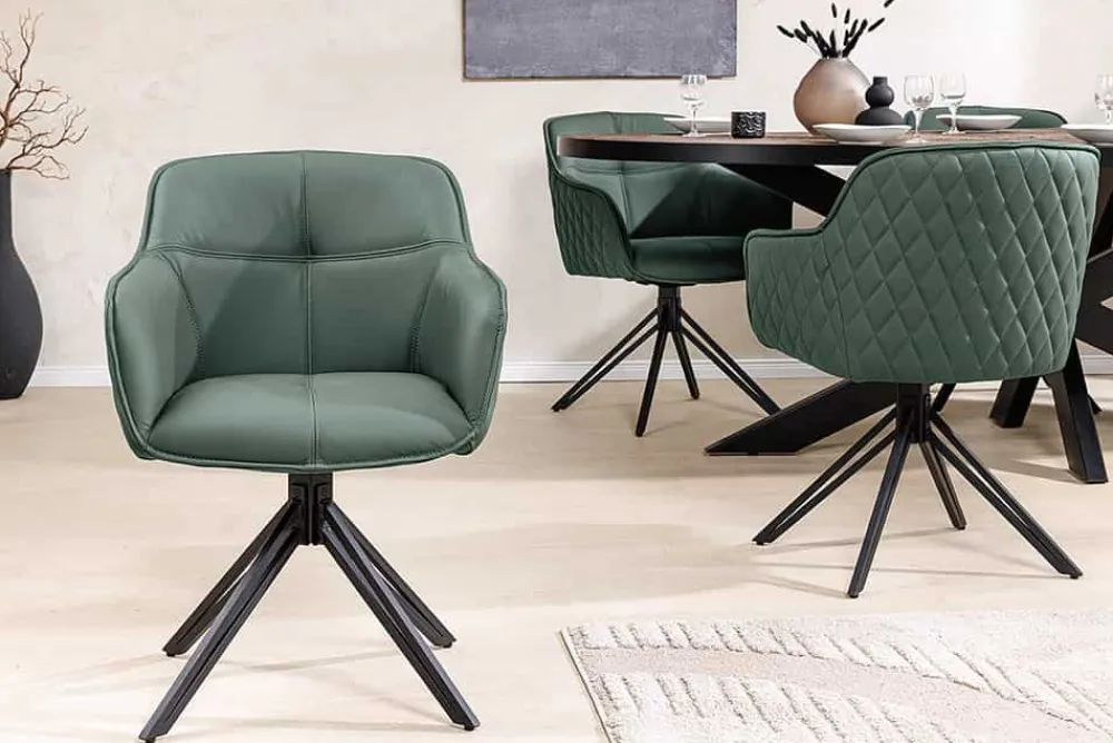 Riess-Ambiente Retro Möbel|Stühle > Drehbarer Design Stuhl EUPHORIA grün Echtleder schwarz Metallgestell mit Armlehne
