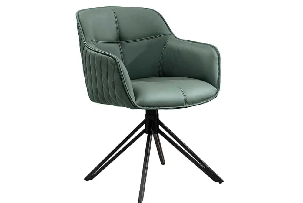 Riess-Ambiente Retro Möbel|Stühle > Drehbarer Design Stuhl EUPHORIA grün Echtleder schwarz Metallgestell mit Armlehne