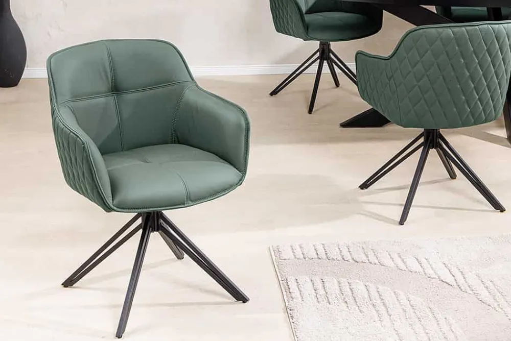 Riess-Ambiente Retro Möbel|Stühle > Drehbarer Design Stuhl EUPHORIA grün Echtleder schwarz Metallgestell mit Armlehne