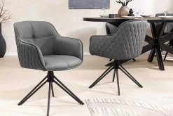 Riess-Ambiente Retro Möbel|Stühle > Drehbarer Design Stuhl EUPHORIA grau Echtleder schwarz Metallgestell mit Armlehne