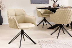 Riess-Ambiente Retro Möbel|Stühle > Drehbarer Design Stuhl EUPHORIA beige Echtleder schwarz Metallgestell mit Armlehne