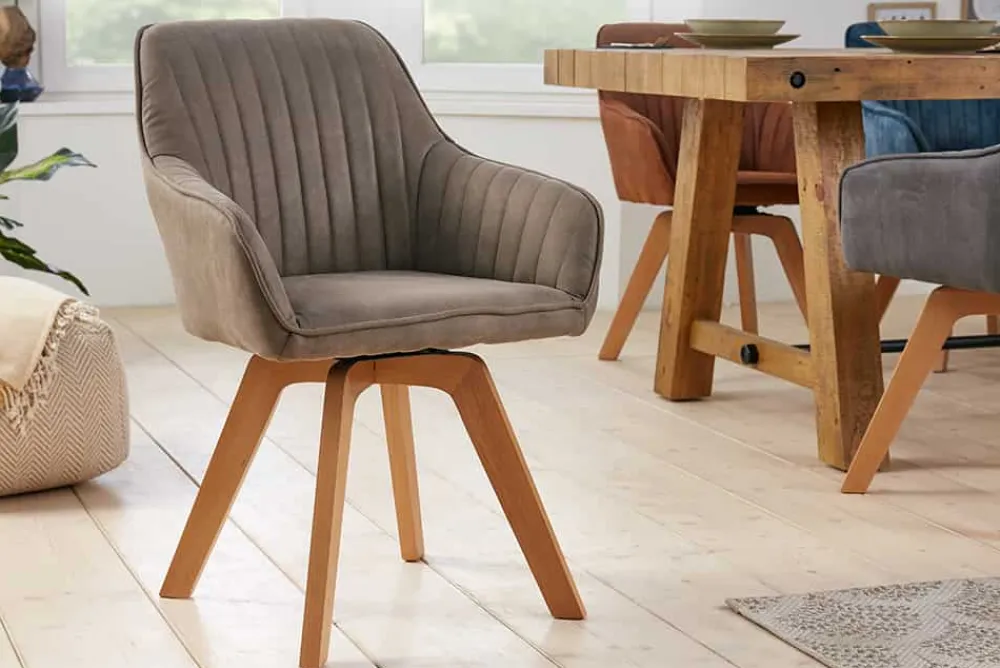 Riess-Ambiente Skandinavisch|Retro Möbel > Drehbarer Design Stuhl LIVORNO vintage taupe Buchenholz Beine mit Armlehnen