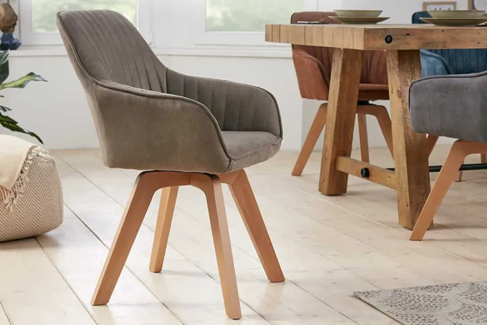 Riess-Ambiente Skandinavisch|Retro Möbel > Drehbarer Design Stuhl LIVORNO vintage taupe Buchenholz Beine mit Armlehnen