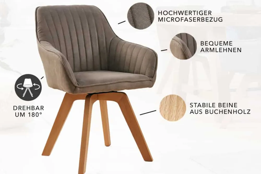 Riess-Ambiente Skandinavisch|Retro Möbel > Drehbarer Design Stuhl LIVORNO vintage taupe Buchenholz Beine mit Armlehnen