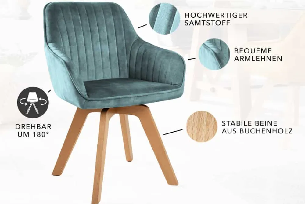 Riess-Ambiente Skandinavisch|Retro Möbel > Drehbarer Design Stuhl LIVORNO petrol Samt Buchenholz Beine mit Armlehnen