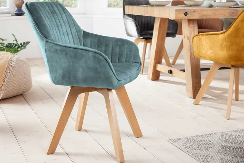 Riess-Ambiente Skandinavisch|Retro Möbel > Drehbarer Design Stuhl LIVORNO petrol Samt Buchenholz Beine mit Armlehnen