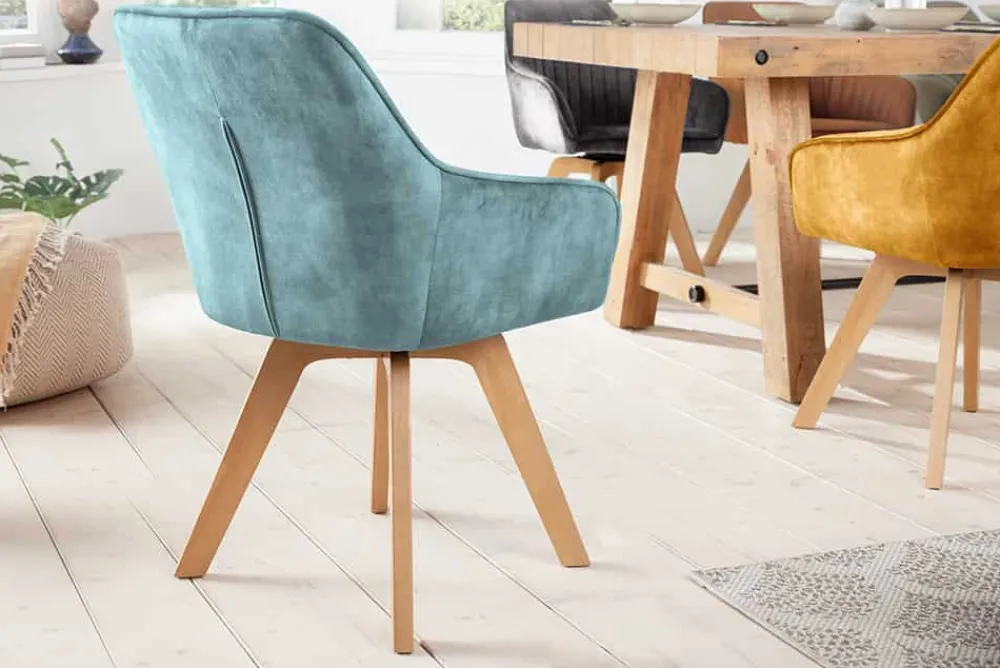 Riess-Ambiente Skandinavisch|Retro Möbel > Drehbarer Design Stuhl LIVORNO petrol Samt Buchenholz Beine mit Armlehnen