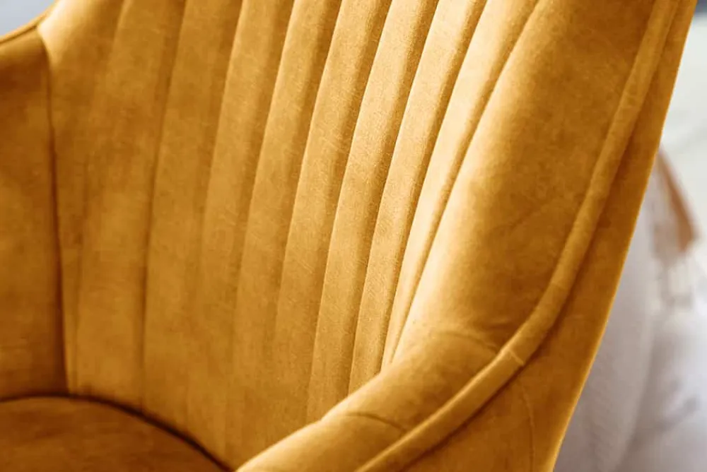 Riess-Ambiente Skandinavisch|Retro Möbel > Drehbarer Design Stuhl LIVORNO senfgelb Samt Buchenholz Beine mit Armlehnen