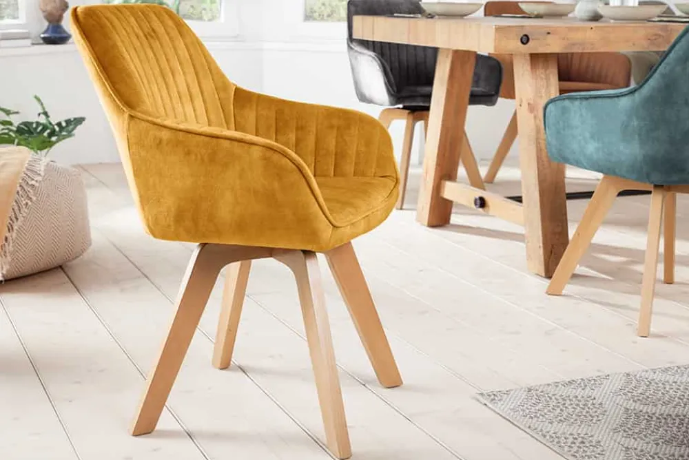Riess-Ambiente Skandinavisch|Retro Möbel > Drehbarer Design Stuhl LIVORNO senfgelb Samt Buchenholz Beine mit Armlehnen