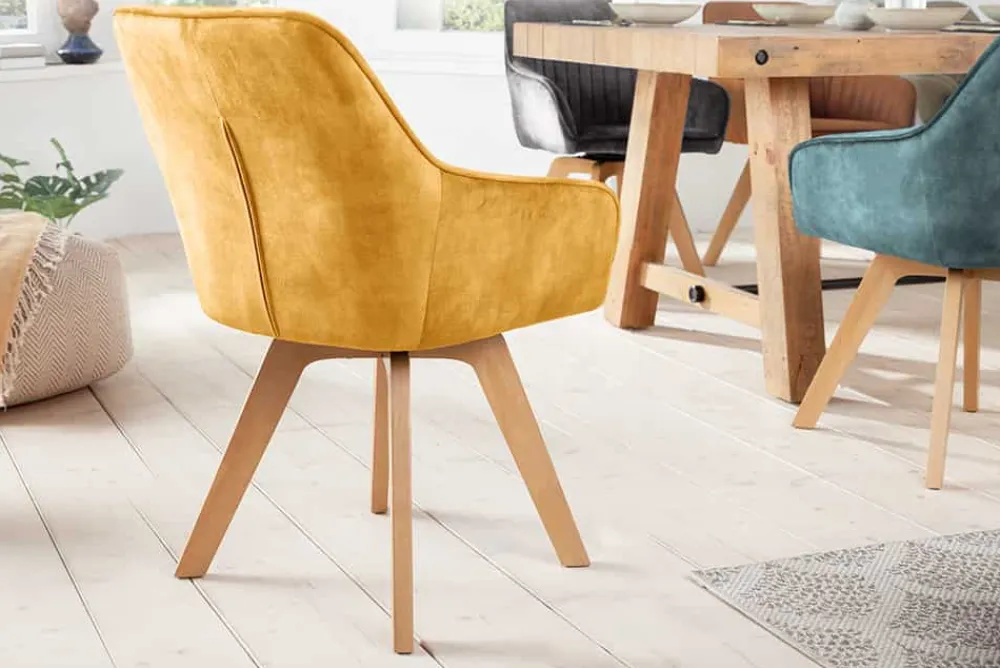 Riess-Ambiente Skandinavisch|Retro Möbel > Drehbarer Design Stuhl LIVORNO senfgelb Samt Buchenholz Beine mit Armlehnen