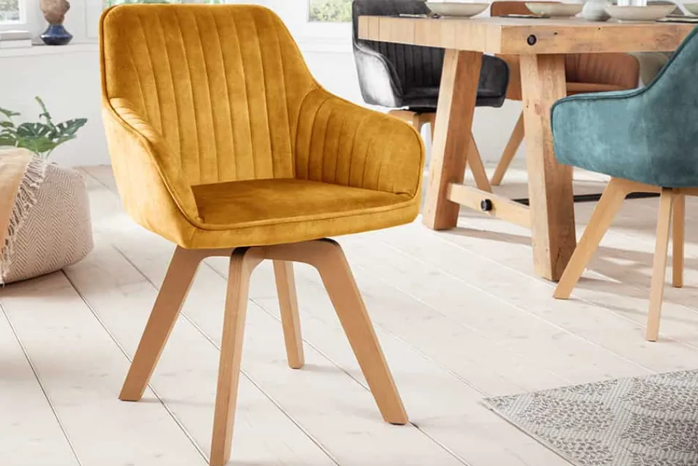 Riess-Ambiente Skandinavisch|Retro Möbel > Drehbarer Design Stuhl LIVORNO senfgelb Samt Buchenholz Beine mit Armlehnen