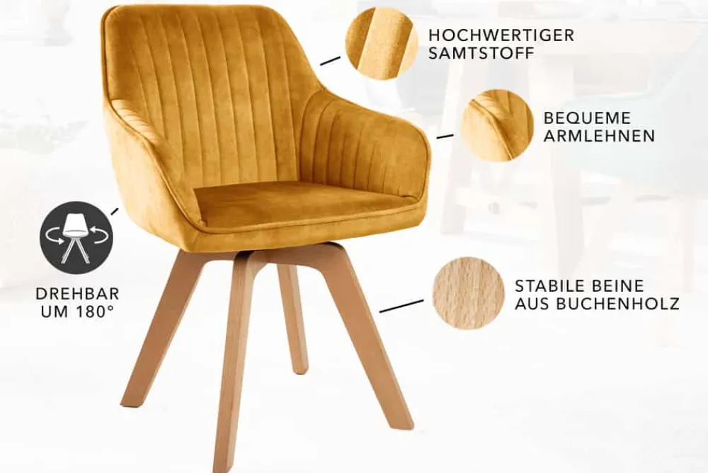 Riess-Ambiente Skandinavisch|Retro Möbel > Drehbarer Design Stuhl LIVORNO senfgelb Samt Buchenholz Beine mit Armlehnen