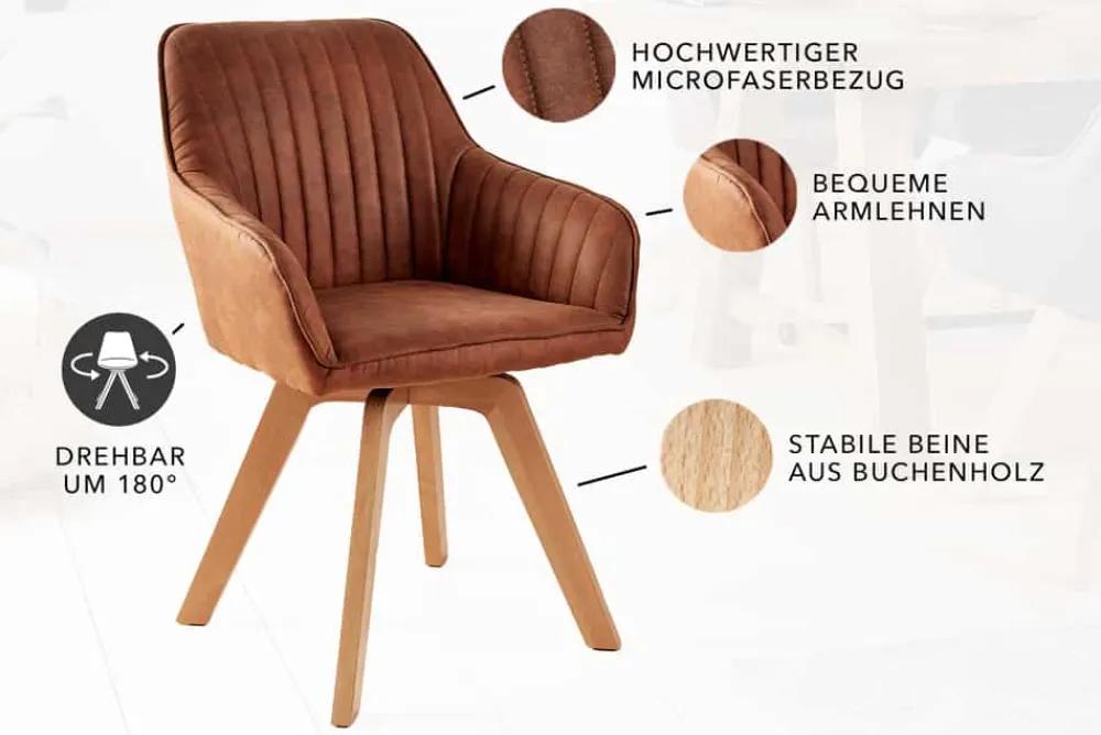 Riess-Ambiente Skandinavisch|Retro Möbel > Drehbarer Design Stuhl LIVORNO vintage braun Buchenholz Beine mit Armlehnen