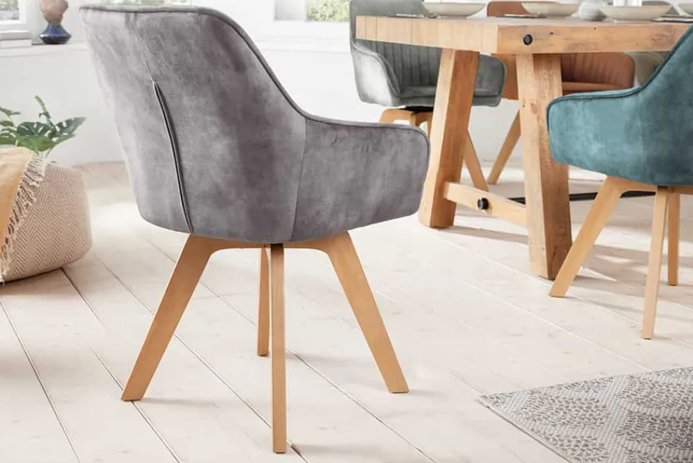 Riess-Ambiente Skandinavisch|Retro Möbel > Drehbarer Design Stuhl LIVORNO grau Samt Buchenholz Beine mit Armlehnen