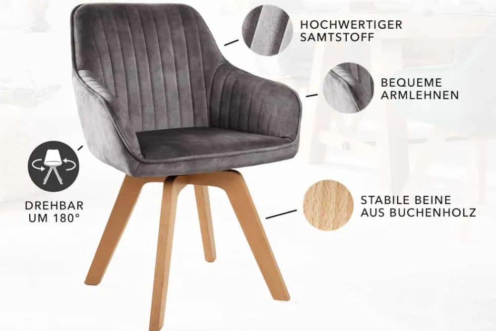 Riess-Ambiente Skandinavisch|Retro Möbel > Drehbarer Design Stuhl LIVORNO grau Samt Buchenholz Beine mit Armlehnen