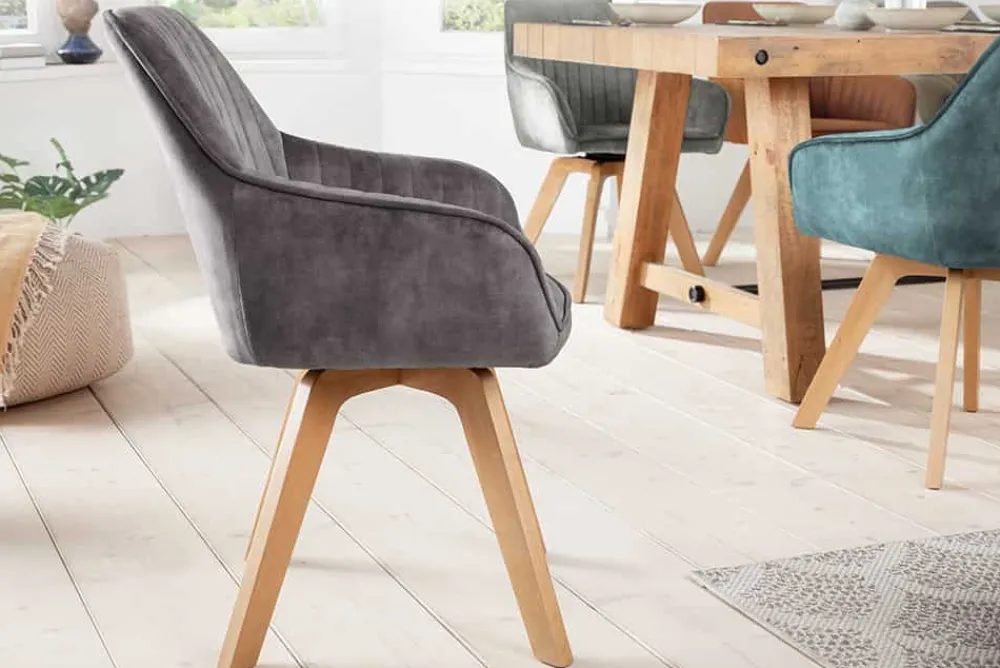 Riess-Ambiente Skandinavisch|Retro Möbel > Drehbarer Design Stuhl LIVORNO grau Samt Buchenholz Beine mit Armlehnen