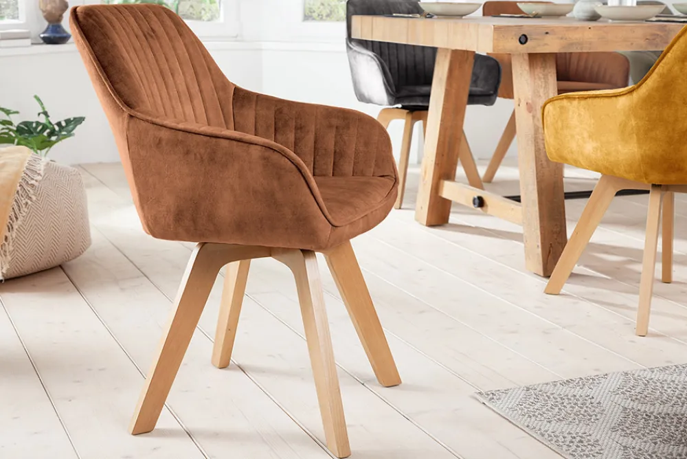 Riess-Ambiente Skandinavisch|Retro Möbel > Drehbarer Design Stuhl LIVORNO rost braun Samt Buchenholz Beine mit Armlehnen