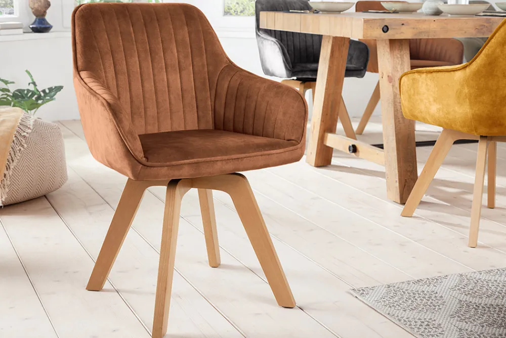 Riess-Ambiente Skandinavisch|Retro Möbel > Drehbarer Design Stuhl LIVORNO rost braun Samt Buchenholz Beine mit Armlehnen