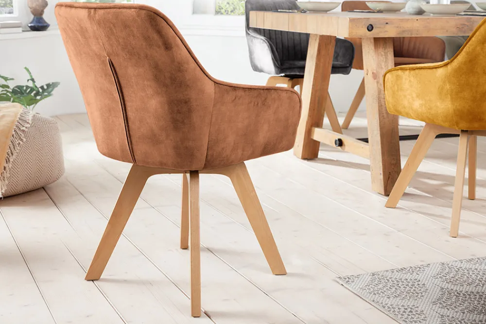 Riess-Ambiente Skandinavisch|Retro Möbel > Drehbarer Design Stuhl LIVORNO rost braun Samt Buchenholz Beine mit Armlehnen