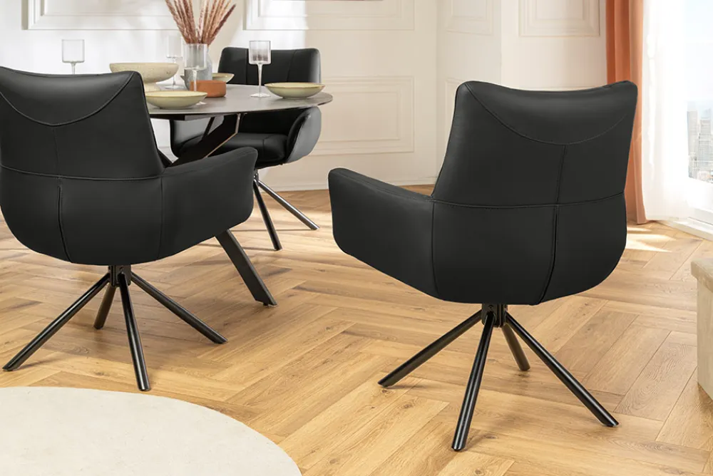 Riess-Ambiente Stühle > Drehbarer Design Stuhl SIGNATURE schwarz Echtleder 360° Taschenfederkern Metall