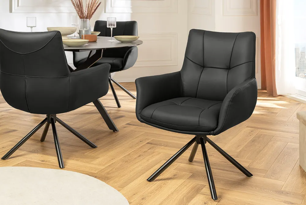 Riess-Ambiente Stühle > Drehbarer Design Stuhl SIGNATURE schwarz Echtleder 360° Taschenfederkern Metall