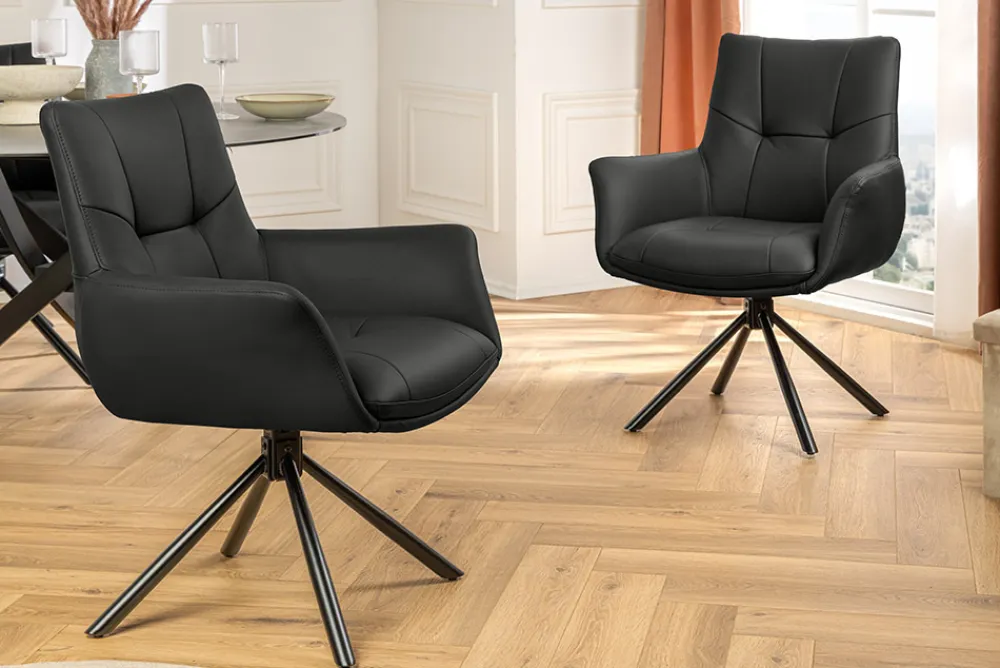 Riess-Ambiente Stühle > Drehbarer Design Stuhl SIGNATURE schwarz Echtleder 360° Taschenfederkern Metall