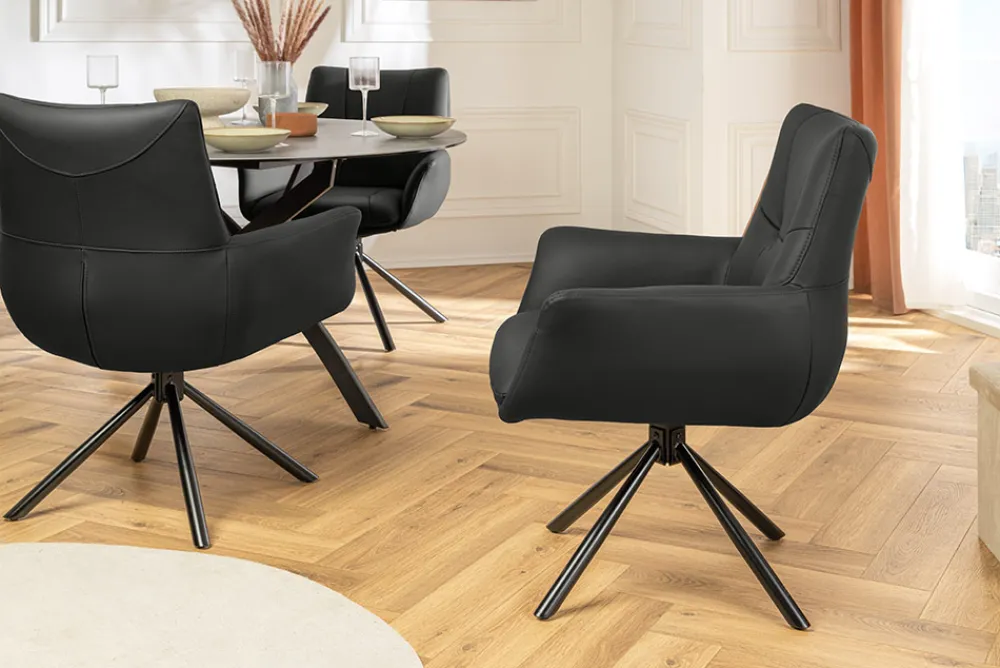 Riess-Ambiente Stühle > Drehbarer Design Stuhl SIGNATURE schwarz Echtleder 360° Taschenfederkern Metall