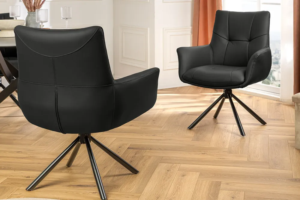 Riess-Ambiente Stühle > Drehbarer Design Stuhl SIGNATURE schwarz Echtleder 360° Taschenfederkern Metall