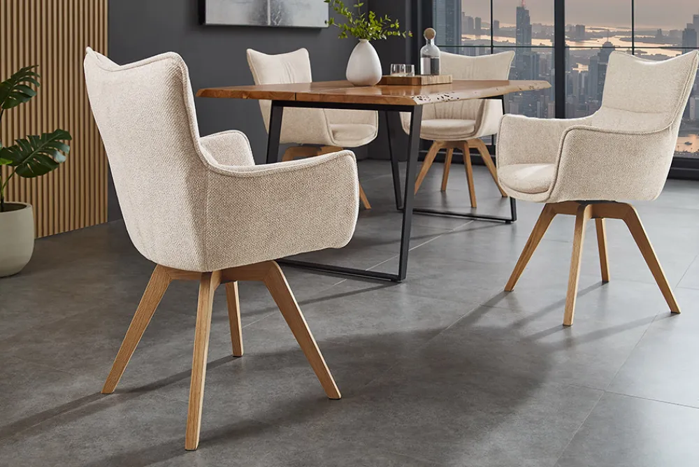 Riess-Ambiente Skandinavisch|Stühle > Drehbarer Design Stuhl VOGUE beige natur Strukturstoff Eichenholz 360° mit Armlehne