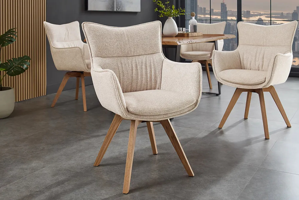 Riess-Ambiente Skandinavisch|Stühle > Drehbarer Design Stuhl VOGUE beige natur Strukturstoff Eichenholz 360° mit Armlehne