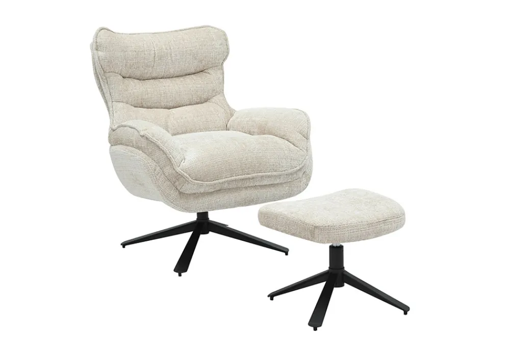 Riess-Ambiente Sitzhocker|Retro Möbel > Drehbarer Hocker CLOUD champagner beige Chenillestoff schwarz Metall Fußhocker