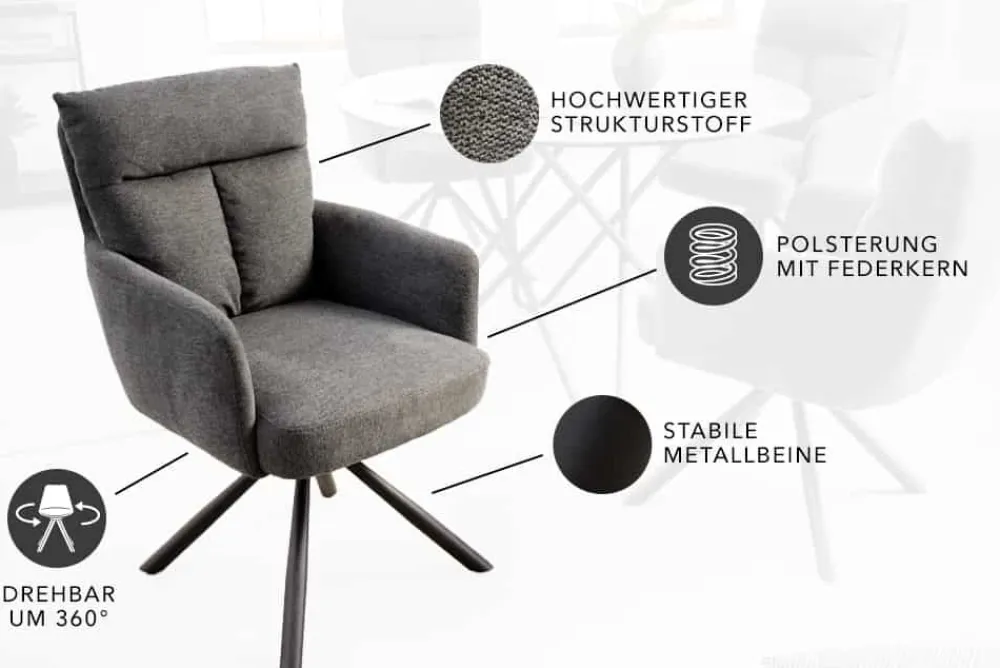 Riess-Ambiente Retro Möbel|Skandinavisch > Drehbarer Retro Stuhl BIG GEORGE grau mit Armlehnen und Taschenfederkernpolsterung