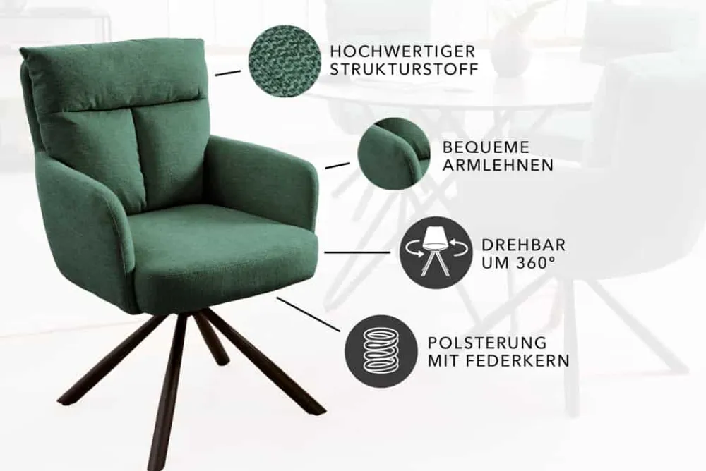 Riess-Ambiente Retro Möbel|Skandinavisch > Drehbarer Retro Stuhl BIG GEORGE grün mit Armlehnen und Taschenfederkernpolsterung