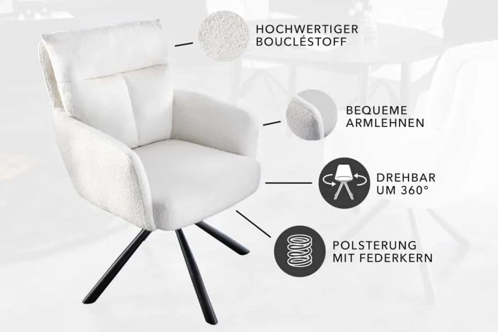 Riess-Ambiente Retro Möbel|Skandinavisch > Drehbarer Retro Stuhl BIG GEORGE weiß Bouclé mit Armlehne Taschenfederkern