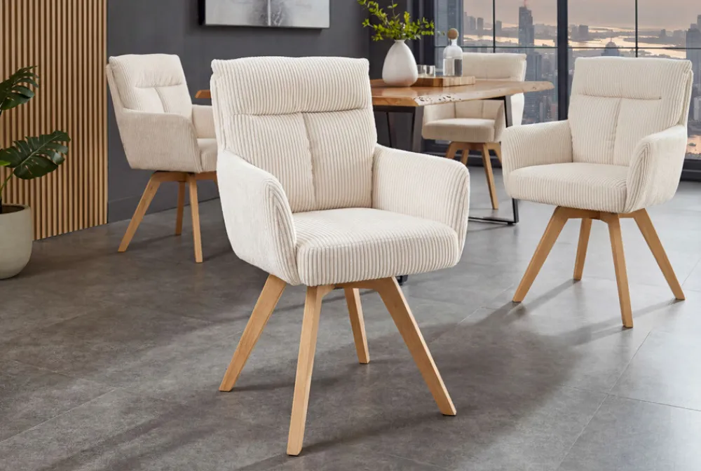 Riess-Ambiente Retro Möbel|Stühle > Drehbarer Retro Stuhl BIG GEORGE beige Cord Buchenholz Taschenfederkern mit Armlehnen