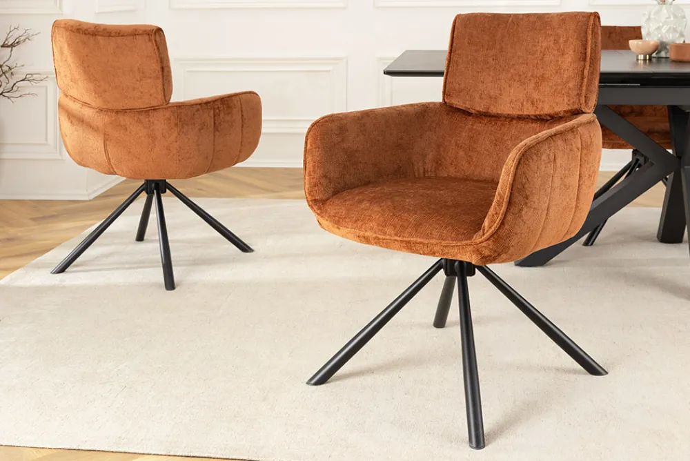 Riess-Ambiente Retro Möbel|Stühle > Drehbarer Retro Stuhl UNIQUE rost braun Chenille schwarze Metallbeine mit Armlehne