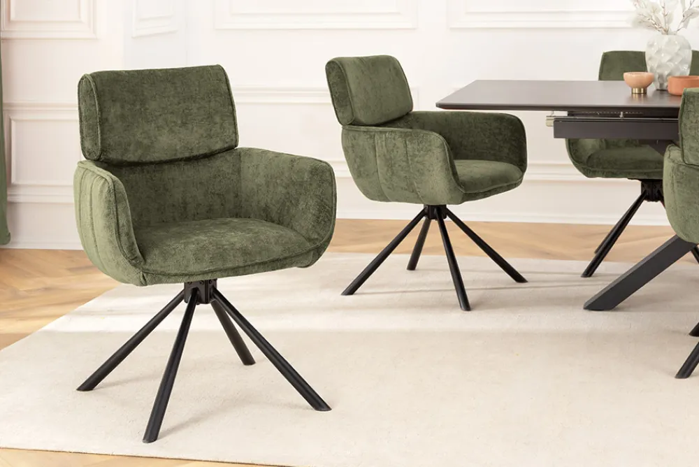 Riess-Ambiente Retro Möbel|Stühle > Drehbarer Retro Stuhl UNIQUE grün Chenille schwarze Metallbeine mit Armlehne