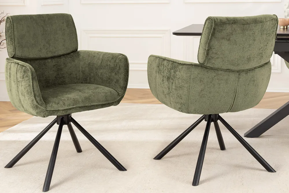 Riess-Ambiente Retro Möbel|Stühle > Drehbarer Retro Stuhl UNIQUE grün Chenille schwarze Metallbeine mit Armlehne