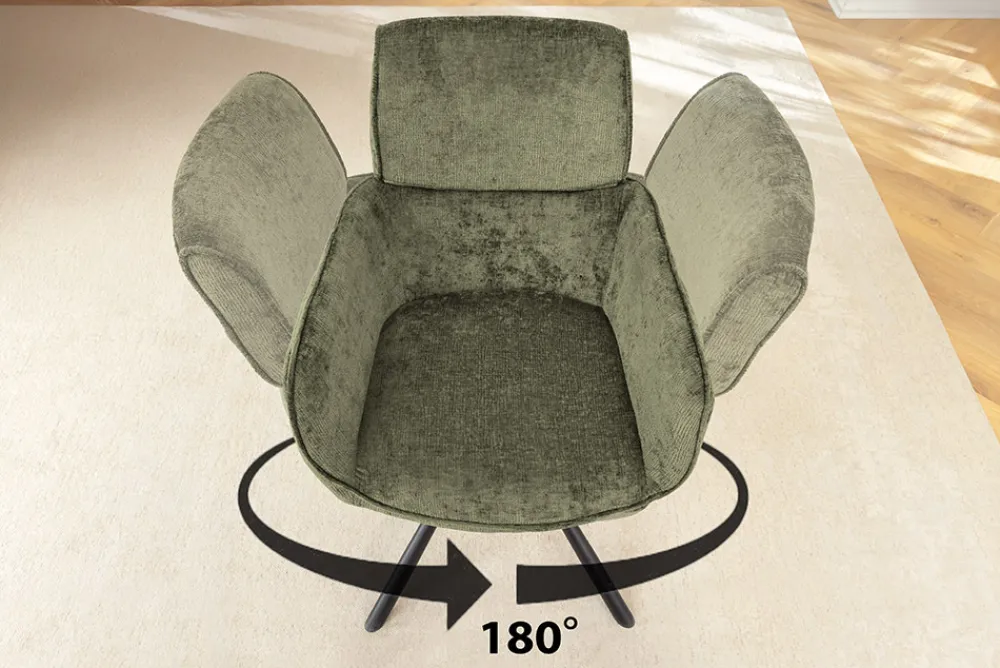 Riess-Ambiente Retro Möbel|Stühle > Drehbarer Retro Stuhl UNIQUE grün Chenille schwarze Metallbeine mit Armlehne