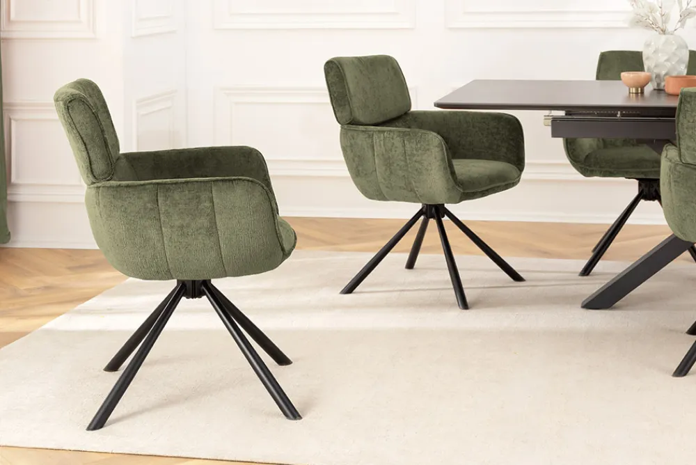 Riess-Ambiente Retro Möbel|Stühle > Drehbarer Retro Stuhl UNIQUE grün Chenille schwarze Metallbeine mit Armlehne