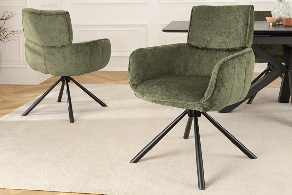 Riess-Ambiente Retro Möbel|Stühle > Drehbarer Retro Stuhl UNIQUE grün Chenille schwarze Metallbeine mit Armlehne