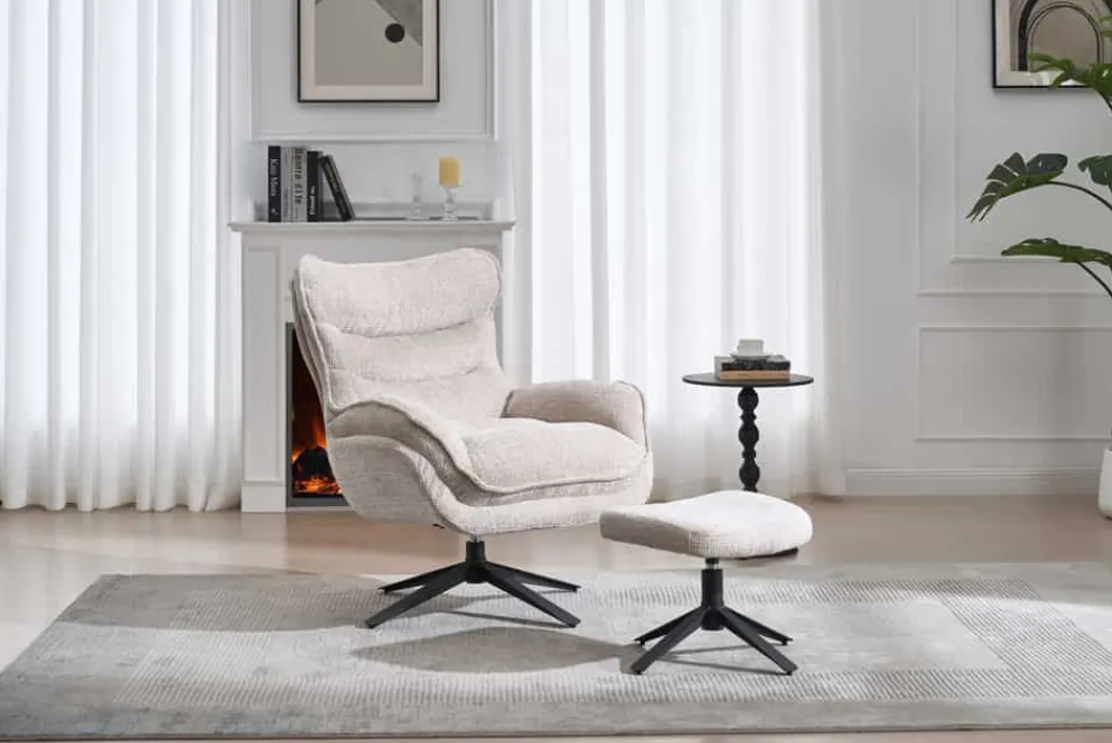 Riess-Ambiente Loungesessel|Sessel > Drehbarer Sessel CLOUD champagner beige Chenille schwarz Metall