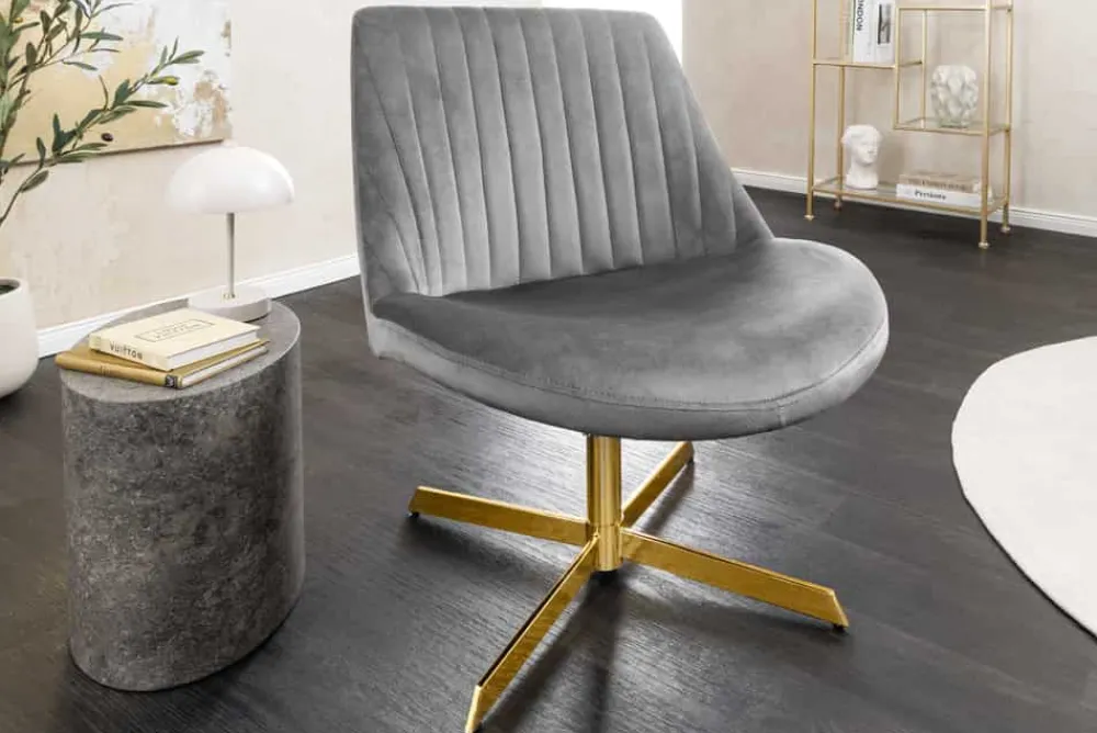 Riess-Ambiente Loungesessel|Stühle > Drehbarer Sessel LOUNGER grau gold Samt Modern Design