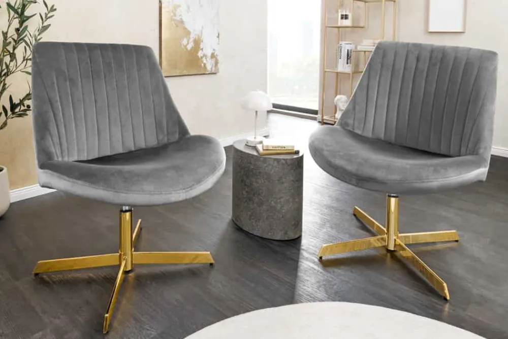 Riess-Ambiente Loungesessel|Stühle > Drehbarer Sessel LOUNGER grau gold Samt Modern Design
