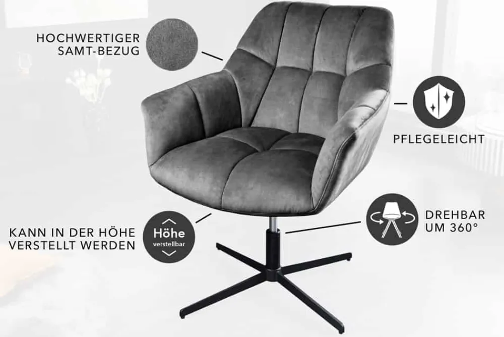 Riess-Ambiente Sessel|Samt Möbel > Drehbarer Sessel PAPILLON grau Samt schwarz Metall höhenverstellbar mit Armlehne