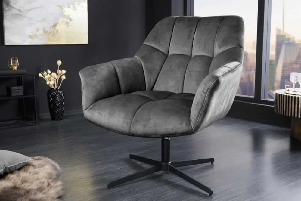 Riess-Ambiente Sessel|Samt Möbel > Drehbarer Sessel PAPILLON grau Samt schwarz Metall höhenverstellbar mit Armlehne