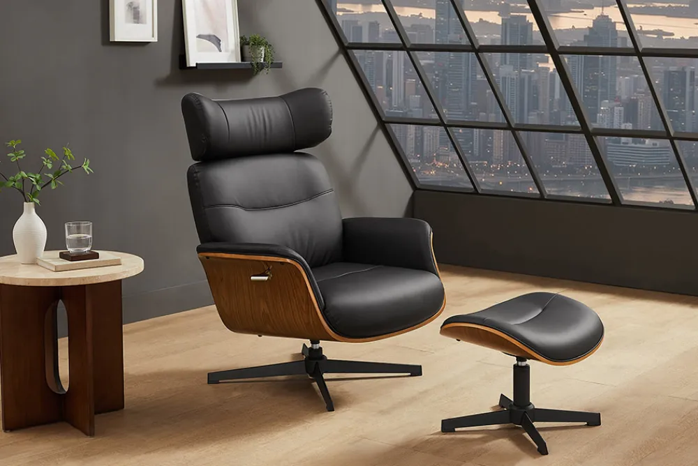 Riess-Ambiente Sessel|Retro Möbel > Drehbarer Sessel VOGUE COMFORT schwarz Kunstleder braun Walnuss-Design mit Armlehne