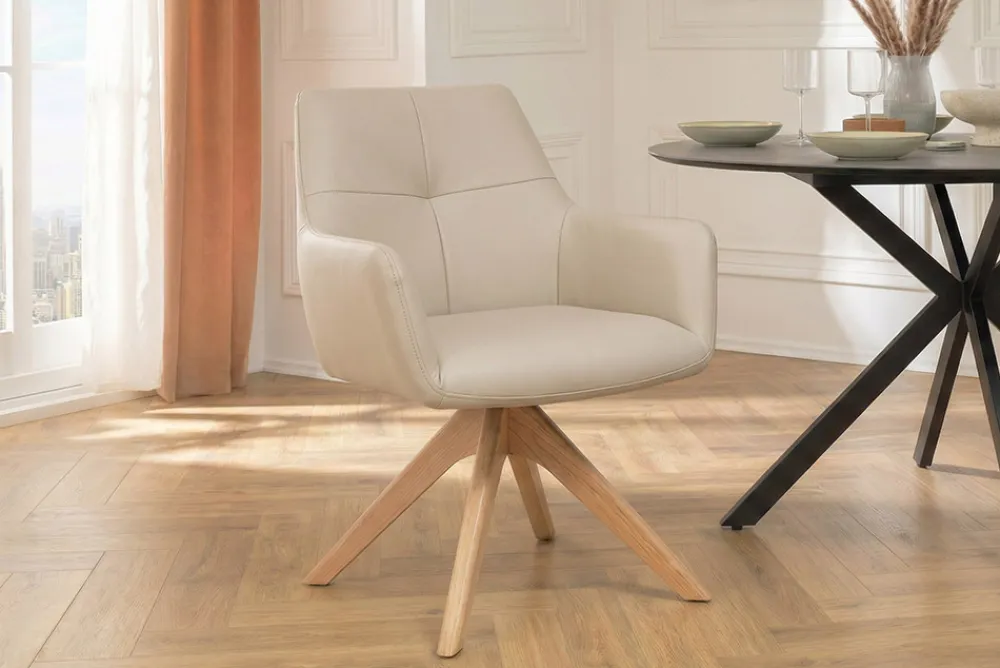Riess-Ambiente Skandinavisch|Stühle > Drehbarer Stuhl ALMARA beige sand Echtleder 360° Taschenfederkern natur Eiche Massivholz