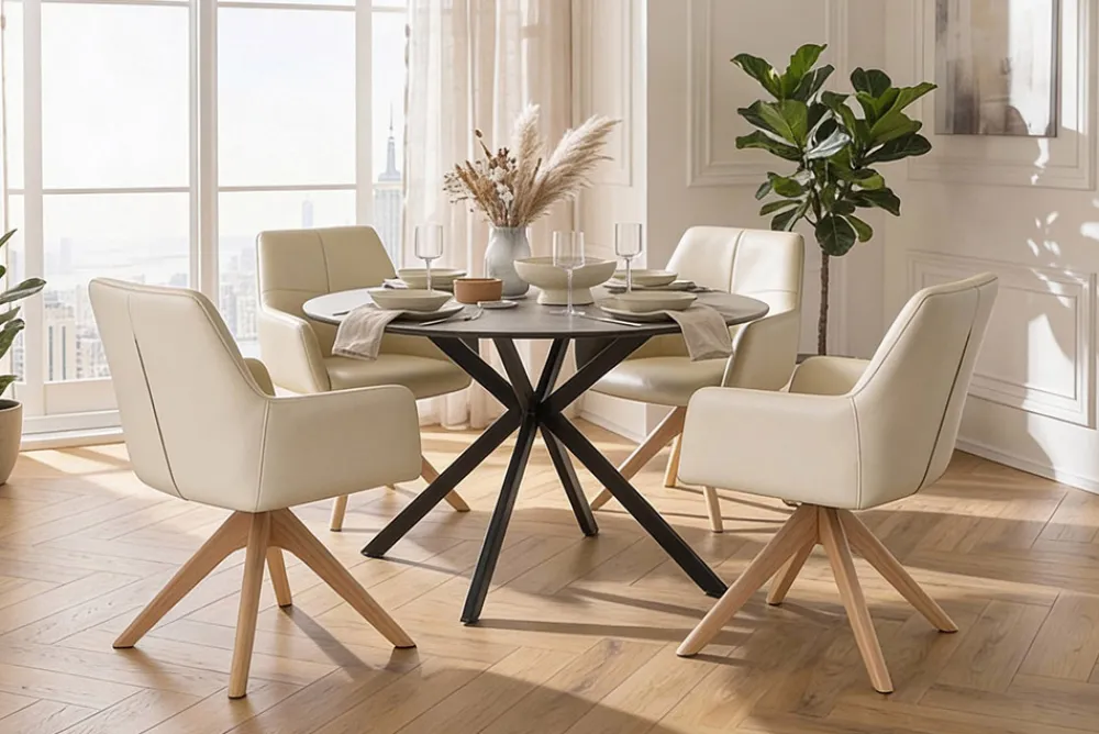 Riess-Ambiente Skandinavisch|Stühle > Drehbarer Stuhl ALMARA beige sand Echtleder 360° Taschenfederkern natur Eiche Massivholz