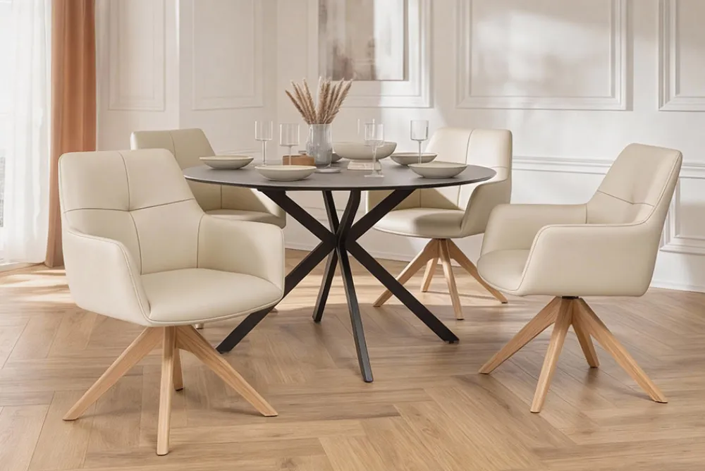 Riess-Ambiente Skandinavisch|Stühle > Drehbarer Stuhl ALMARA beige sand Echtleder 360° Taschenfederkern natur Eiche Massivholz